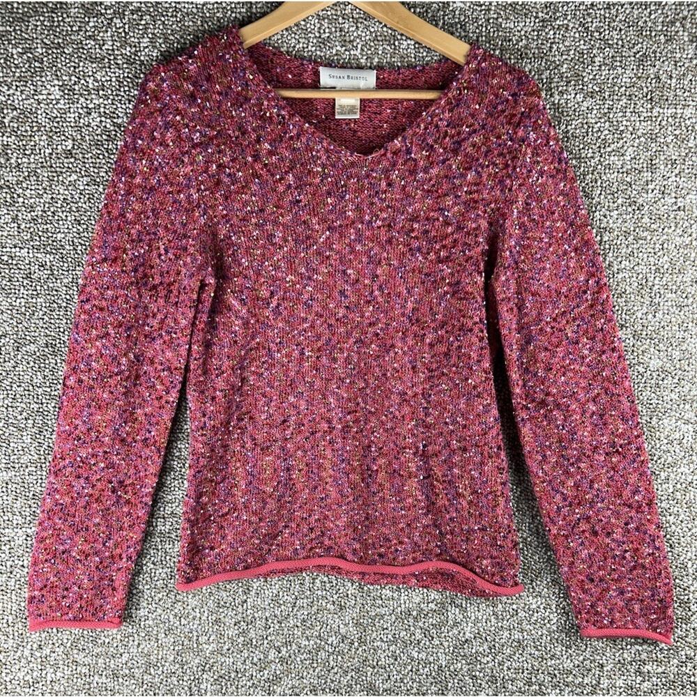 Vintage Y2K Susan Bristol Sweater Medium Pink Roll Hem Confetti Speckled